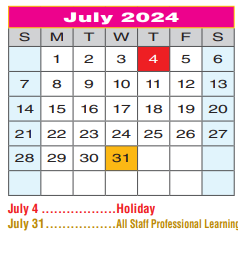 District School Academic Calendar for Newton Rayzor Elementary for July 2024