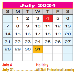 District School Academic Calendar for Regional Day Sch Deaf for July 2024