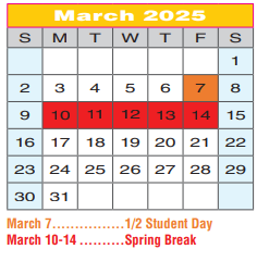 District School Academic Calendar for Denton Co J J A E P for March 2025