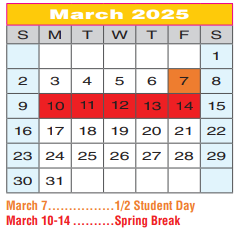 District School Academic Calendar for Regional Day Sch Deaf for March 2025