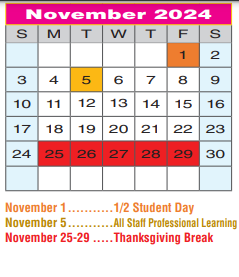 District School Academic Calendar for Regional Day Sch Deaf for November 2024