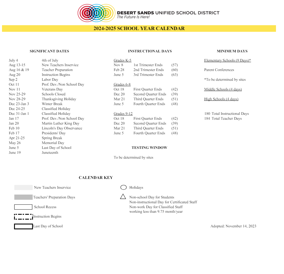 District School Academic Calendar Key for Indio High