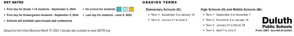 District School Academic Calendar Key for Duluth Online Program
