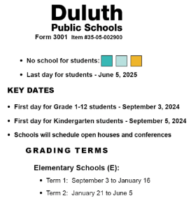 District School Academic Calendar Legend for Duluth Online Program