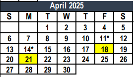 District School Academic Calendar for Weldon Hafley Development Center for April 2025