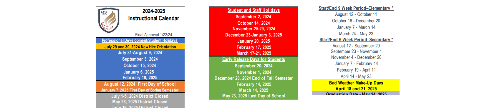 District School Academic Calendar Key for Tarrant Co J J A E P