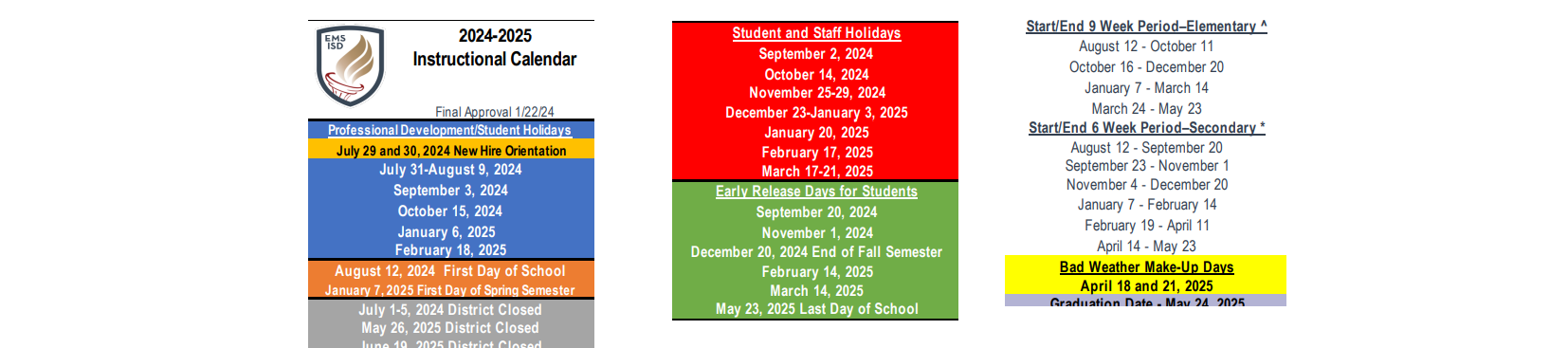 District School Academic Calendar Key for Prairie Vista Middle School