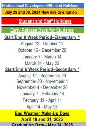 District School Academic Calendar Legend for Comanche Spring Elementary