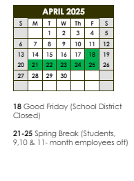 District School Academic Calendar for Northeast Elementary School for April 2025