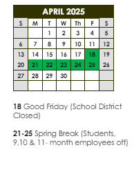 District School Academic Calendar for Westdale Middle School for April 2025