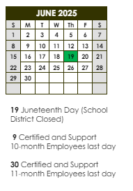 District School Academic Calendar for Villa Del Rey Elementary School for June 2025