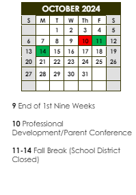 District School Academic Calendar for Delmont Elementary School for October 2024