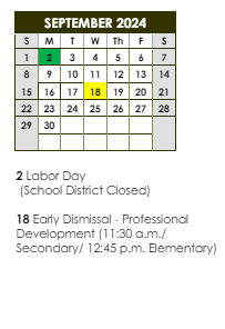 District School Academic Calendar for Bellingrath Hills Elementary School for September 2024