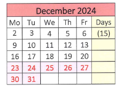 District School Academic Calendar for Agnes B. Hennessey School for December 2024