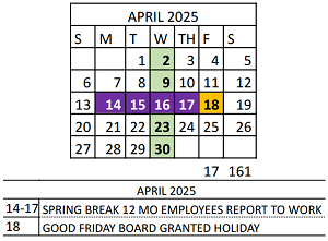 District School Academic Calendar for Vivian Adams Early Child Ctr for April 2025