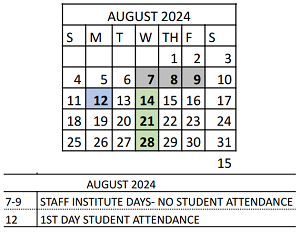 District School Academic Calendar for Vivian Adams Early Child Ctr for August 2024