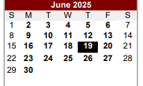 District School Academic Calendar for Van Zandt Ssa for June 2025