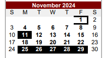 District School Academic Calendar for Van Zandt Ssa for November 2024