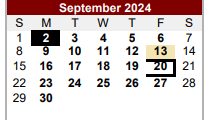 District School Academic Calendar for Alternative Center for September 2024