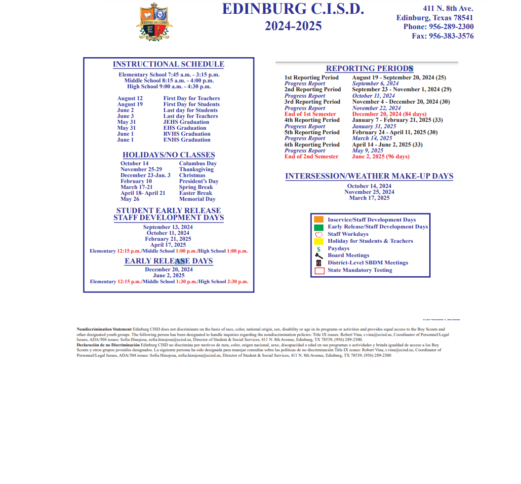 District School Academic Calendar Key for Hargill Elementary