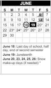 District School Academic Calendar for Cedar Way Elementary for June 2025