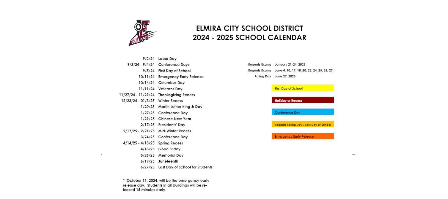 District School Academic Calendar Key for Elmira Alternative High School
