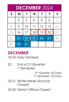 District School Academic Calendar for Hunter Elementary for December 2024