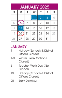 District School Academic Calendar for Hunter Elementary for January 2025