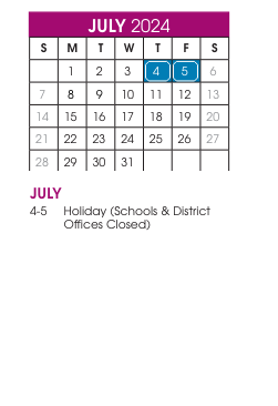 District School Academic Calendar for North Pole Elementary for July 2024