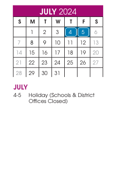 District School Academic Calendar for Crawford Elementary for July 2024