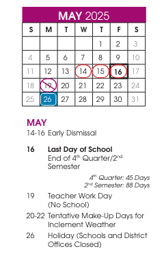 District School Academic Calendar for Hunter Elementary for May 2025