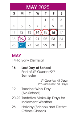 District School Academic Calendar for West Valley High School for May 2025