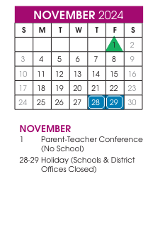 District School Academic Calendar for Anne Wien Elementary for November 2024