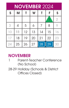 District School Academic Calendar for Arctic Light Elementary for November 2024