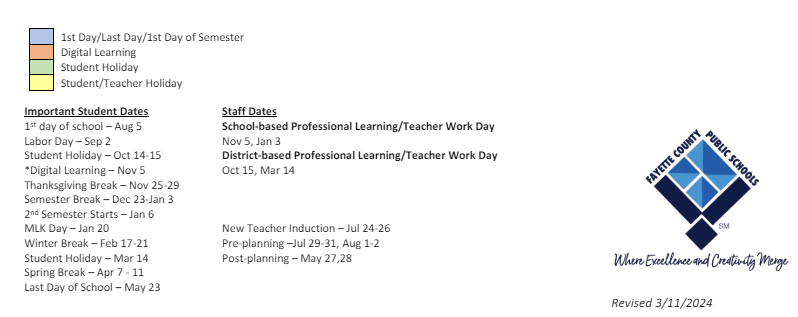 District School Academic Calendar Key for Fayette Elementary School