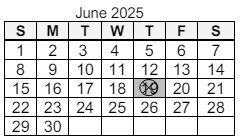 District School Academic Calendar for Saint Joseph Central School for June 2025