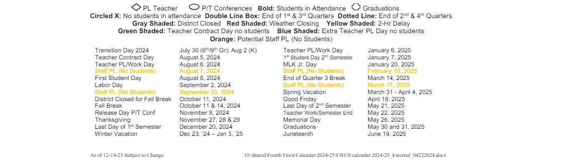 District School Academic Calendar Key for John S Irwin Elementary Sch