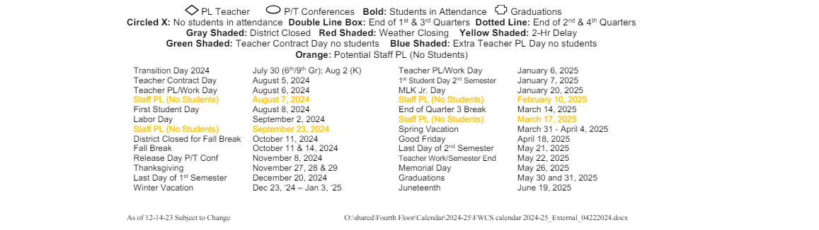 District School Academic Calendar Key for Special Education Center