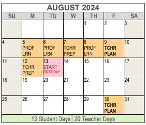 District School Academic Calendar for Fw Rgnl Program For Deaf for August 2024