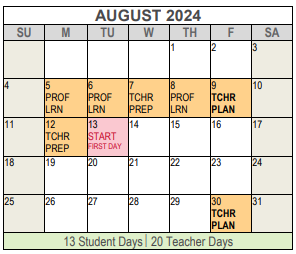 District School Academic Calendar for Hubbard Elementary for August 2024