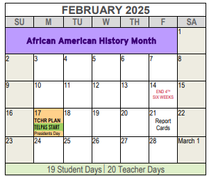 District School Academic Calendar for Tier 1 Dunbar 6 Daep Middle School for February 2025