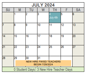 District School Academic Calendar for Tier 1 Dunbar 6 Daep Middle School for July 2024