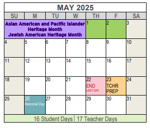 District School Academic Calendar for Dunbar 6th Gr School for May 2025