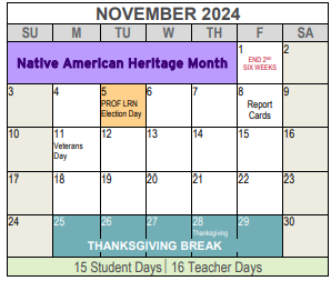District School Academic Calendar for Woodway Elementary for November 2024