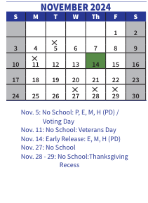 District School Academic Calendar for Walsh Middle for November 2024