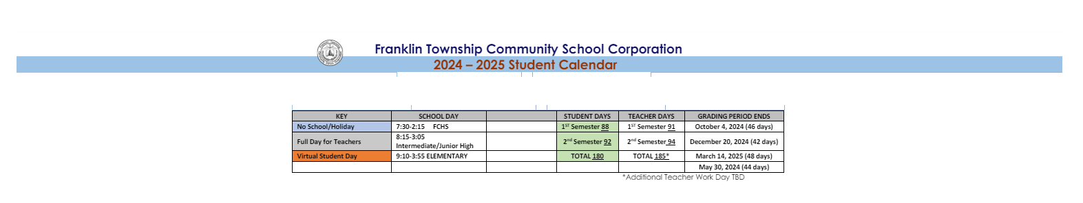 District School Academic Calendar Key for Thompson Crossing Elementary Schl