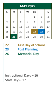 District School Academic Calendar for Mcclarin Alternative School for May 2025