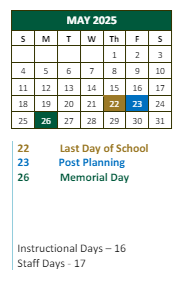 District School Academic Calendar for Hillside Elementary School for May 2025