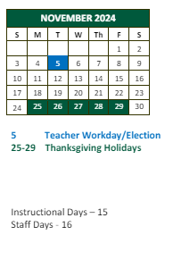 District School Academic Calendar for Northwood Elementary School for November 2024