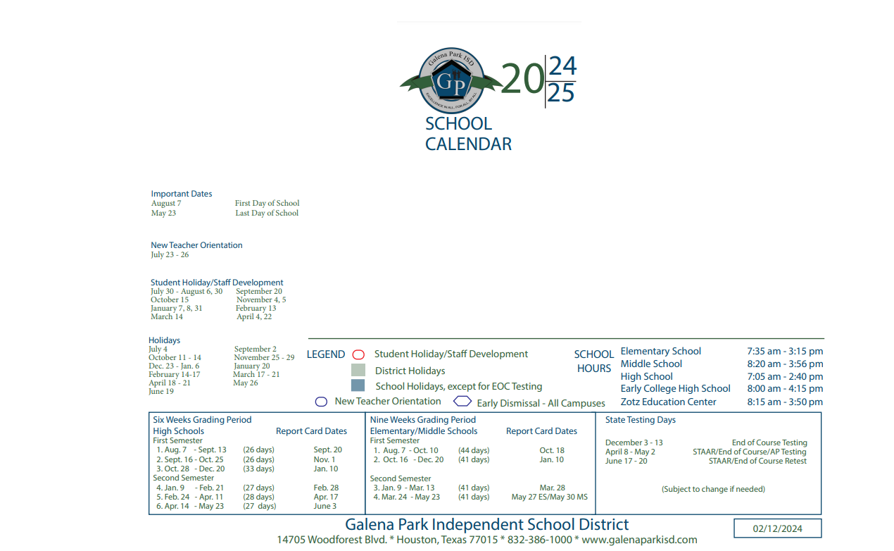 District School Academic Calendar Key for Galena Park Middle